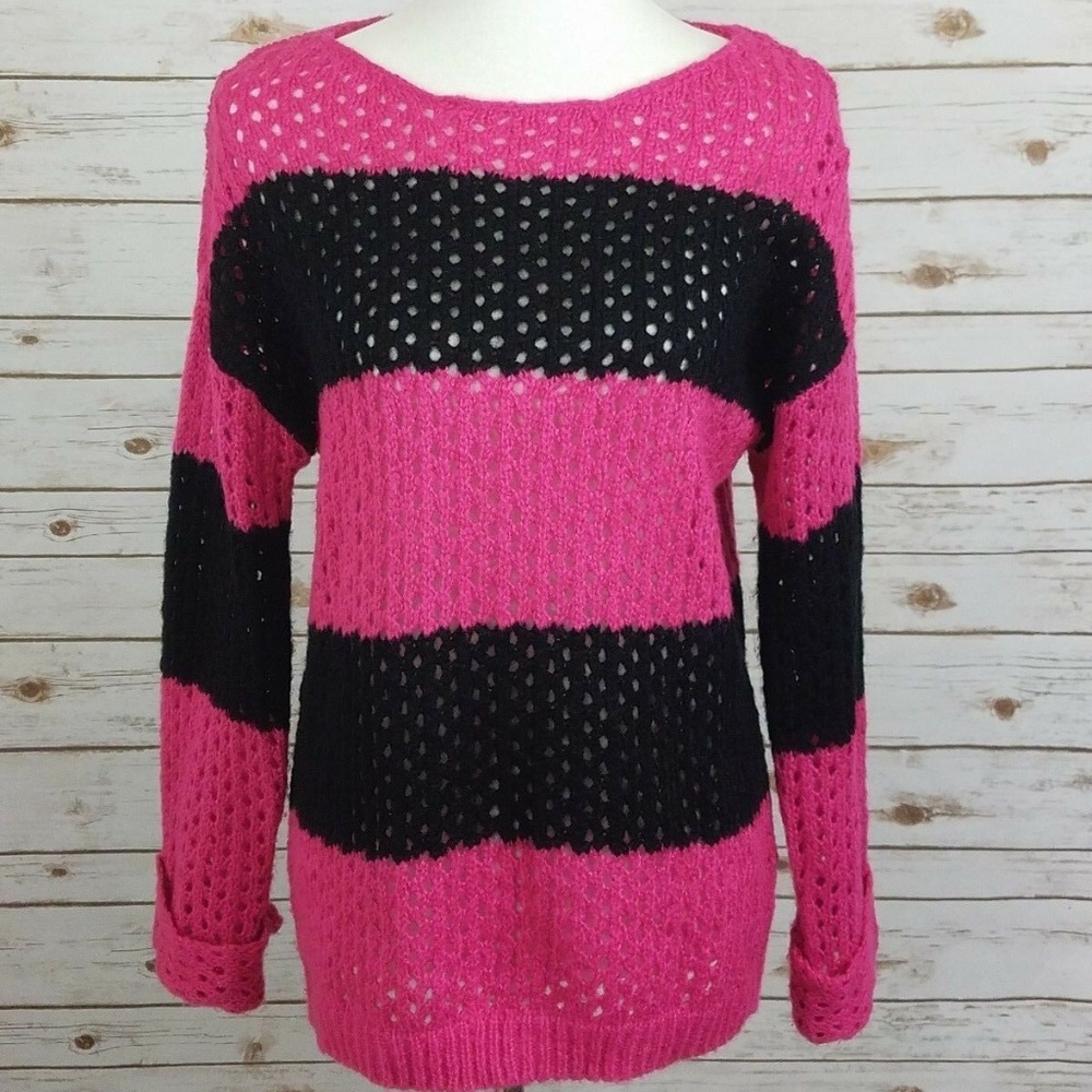 It's Our Time Women's Pink/Black Stripe Sweater M
